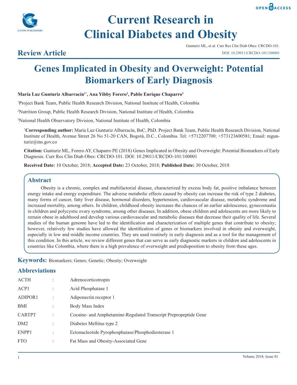 Current Research in Clinical Diabetes and Obesity Gunturiz ML, Et Al