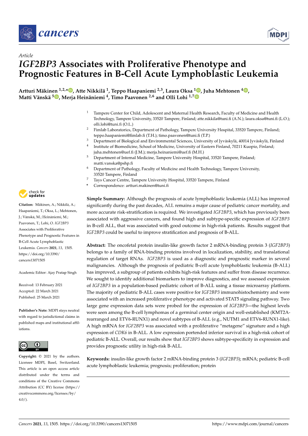 IGF2BP3 Associates with Proliferative Phenotype and Prognostic Features in B-Cell Acute Lymphoblastic Leukemia