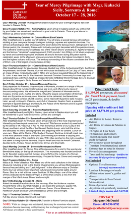 Year of Mercy Pilgrimage with Msgr. Kubacki Sicily, Sorrento & Rome! October 17 - 28, 2016