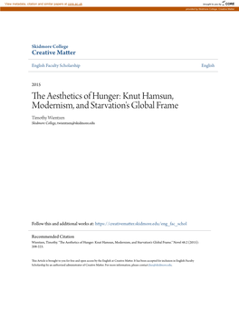 Knut Hamsun, Modernism, and Starvation's Global Frame Timothy Wientzen Skidmore College, Twientzen@Skidmore.Edu