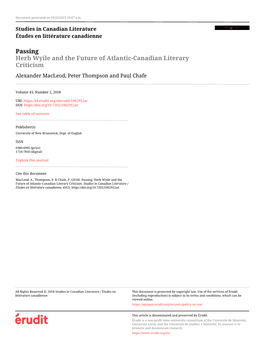 Herb Wyile and the Future of Atlantic-Canadian Literary Criticism Alexander Macleod, Peter Thompson and Paul Chafe