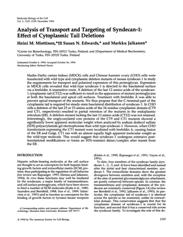Analysis of Transport and Targeting of Syndecan-1: Effect of Cytoplasmic Tail Deletions Heini M