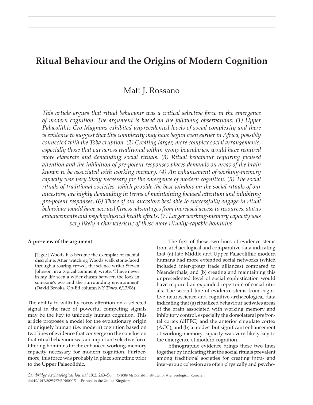 Ritual Behaviour and the Origins of Modern Cognition