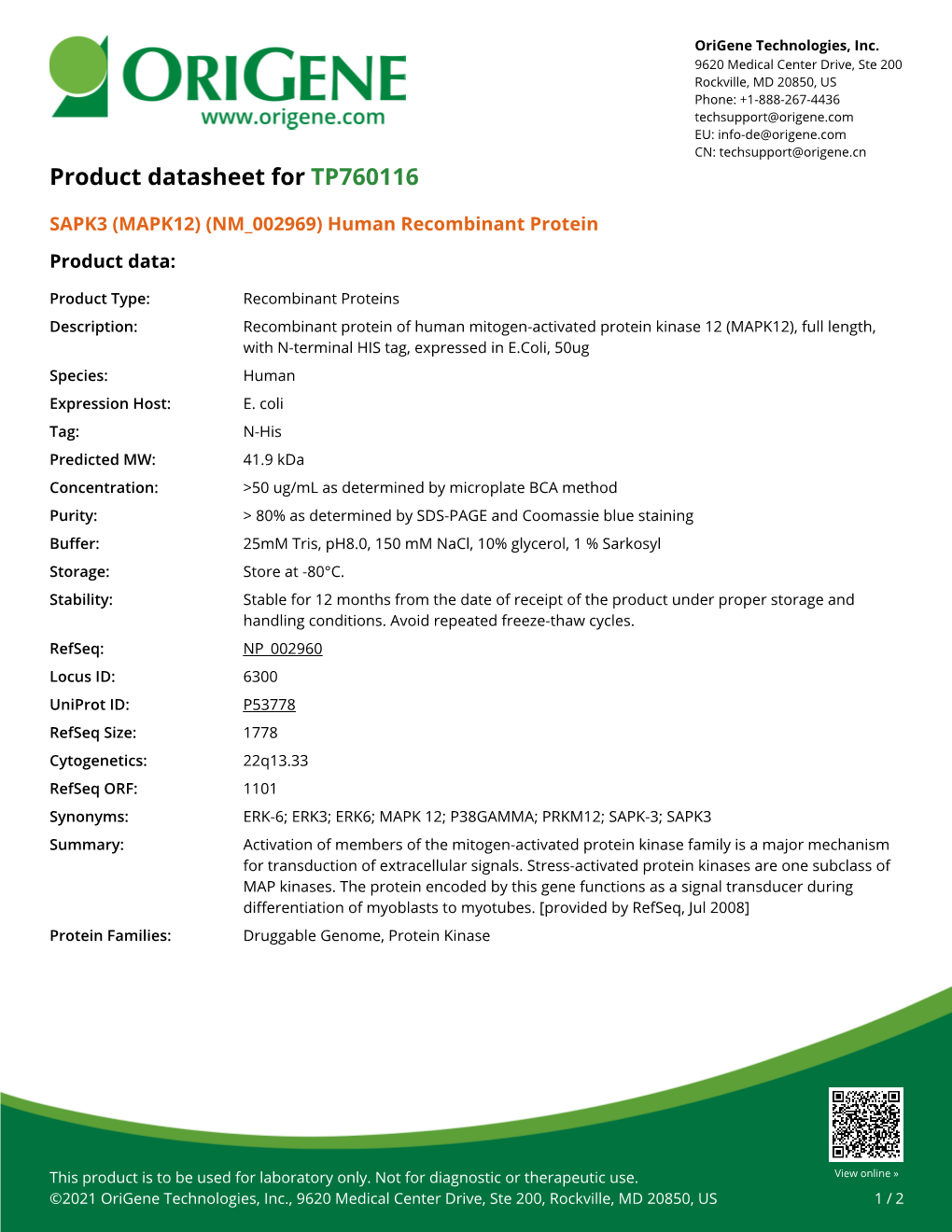 SAPK3 (MAPK12) (NM 002969) Human Recombinant Protein Product Data