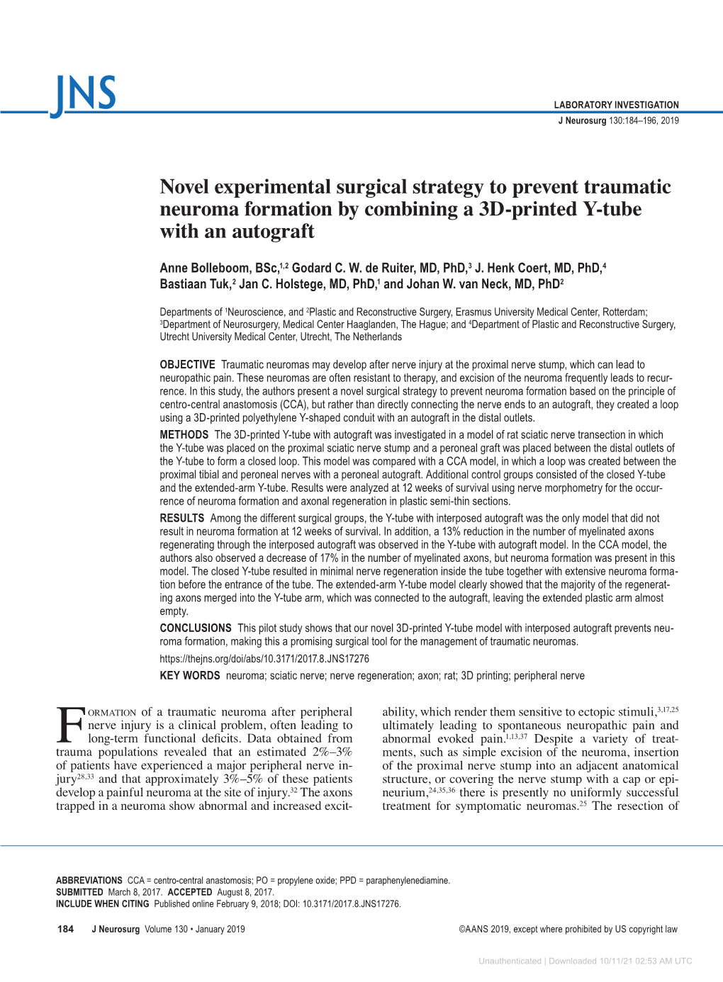 Novel Experimental Surgical Strategy to Prevent Traumatic Neuroma Formation by Combining a 3D-Printed Y-Tube with an Autograft