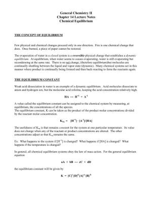 General Chemistry II Chapter 14 Lecture Notes Chemical Equilibrium