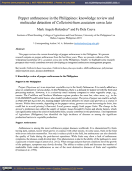 Pepper Anthracnose in the Philippines: Knowledge Review and Molecular Detection of Colletotrichum Acutatum Sensu Lato