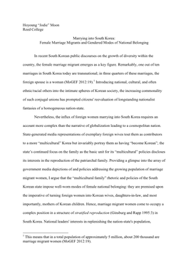 Hoyoung “Jodie” Moon Reed College Marrying Into South Korea: Female Marriage Migrants and Gendered Modes of National Belongi