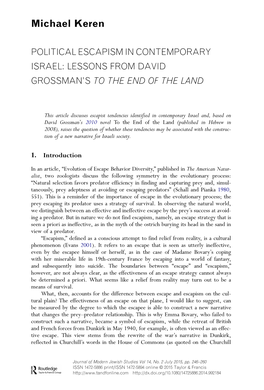 Political Escapism in Contemporary Israel: Lessons from David Grossman’S to the End of the Land