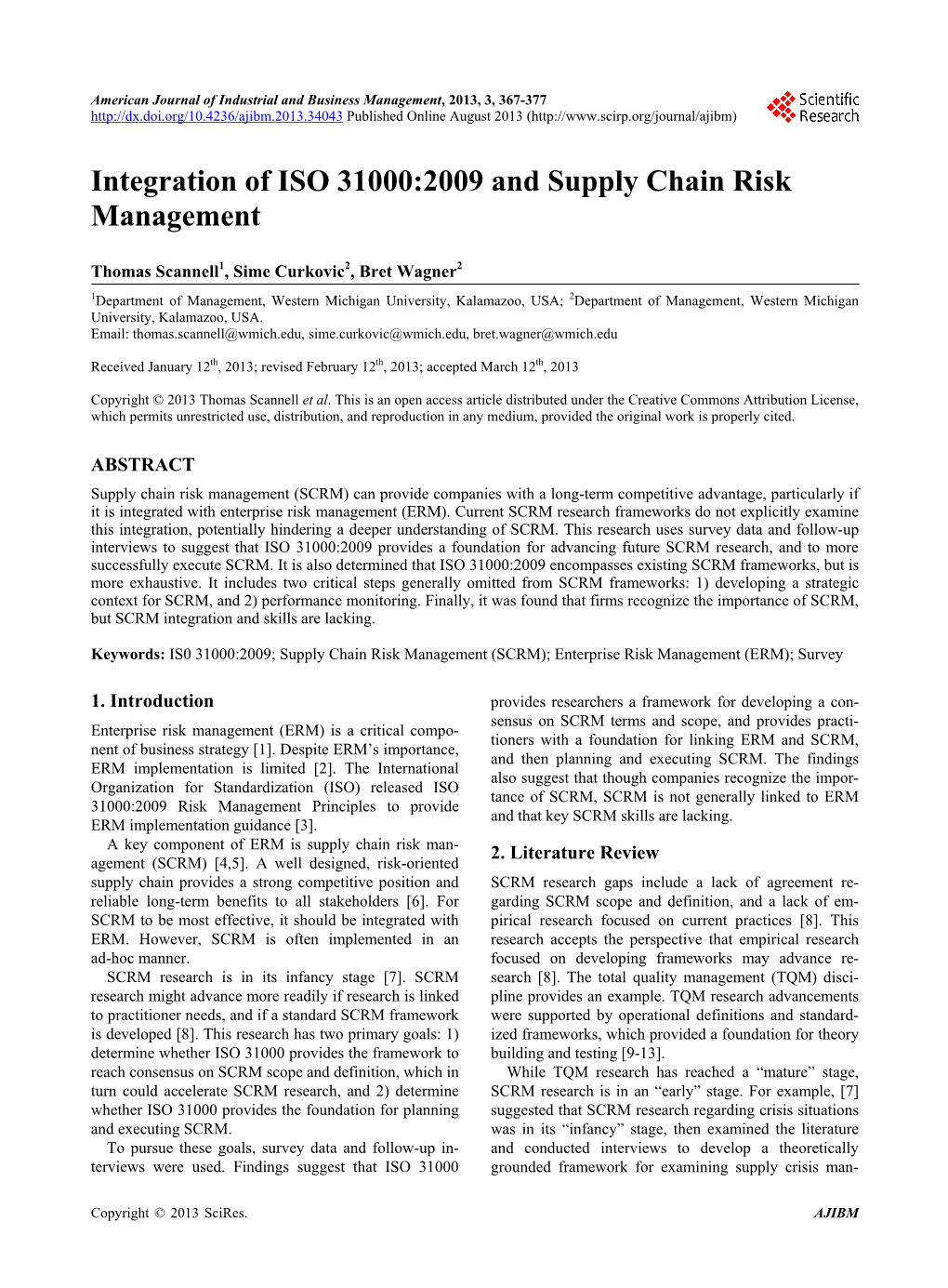 Integration of ISO 31000:2009 and Supply Chain Risk Management
