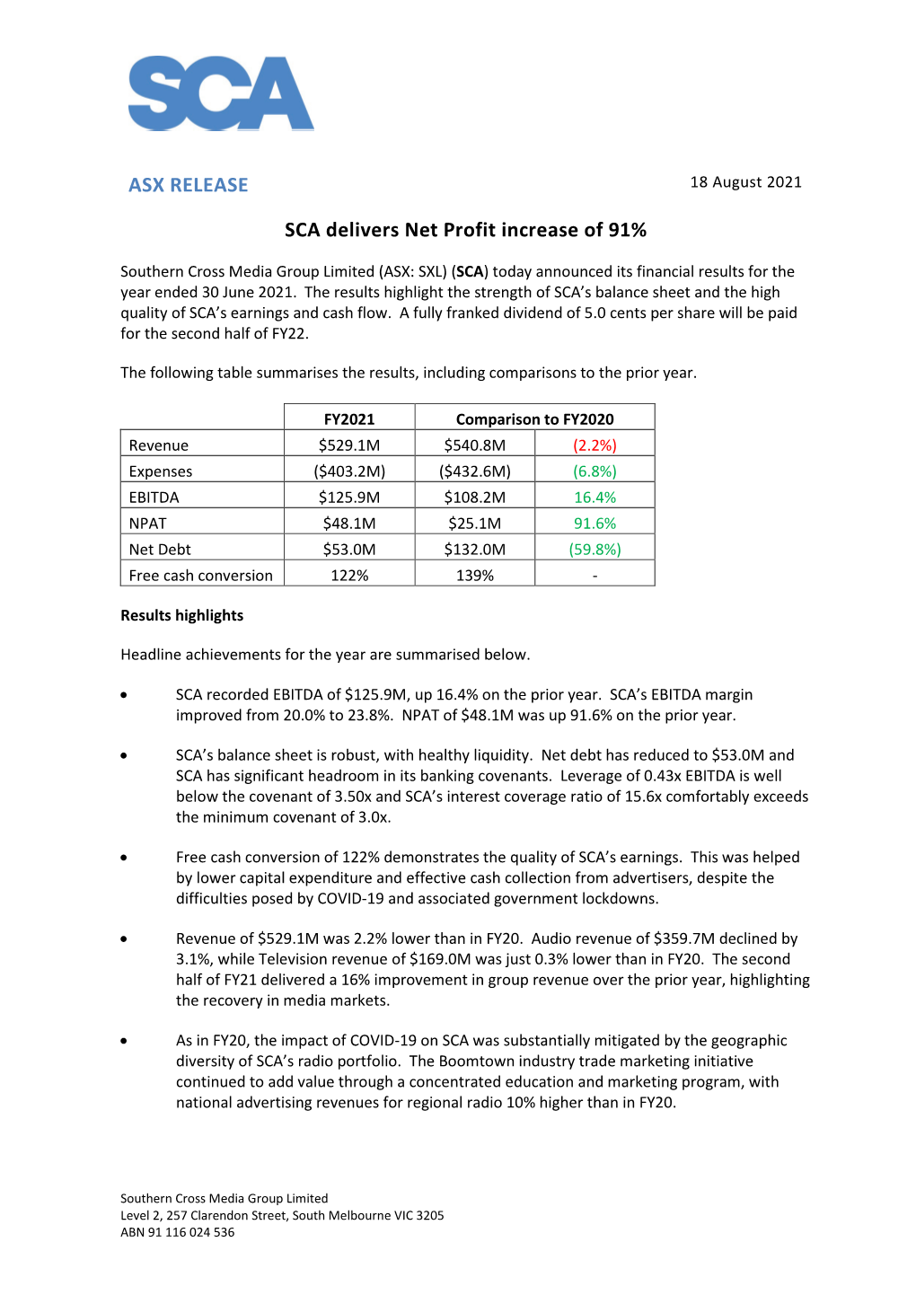 ASX RELEASE SCA Delivers Net Profit Increase Of