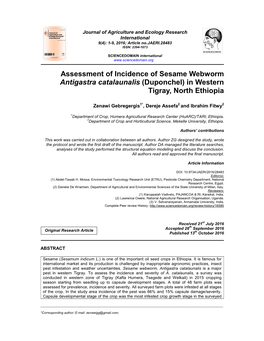 Assessment of Incidence of Sesame Webworm Antigastra Catalaunalis (Duponchel) in Western Tigray, North Ethiopia