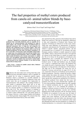 The Fuel Properties of Methyl Esters Produced from Canola Oil- Animal Tallow Blends by Base- Catalyzed Transesterification