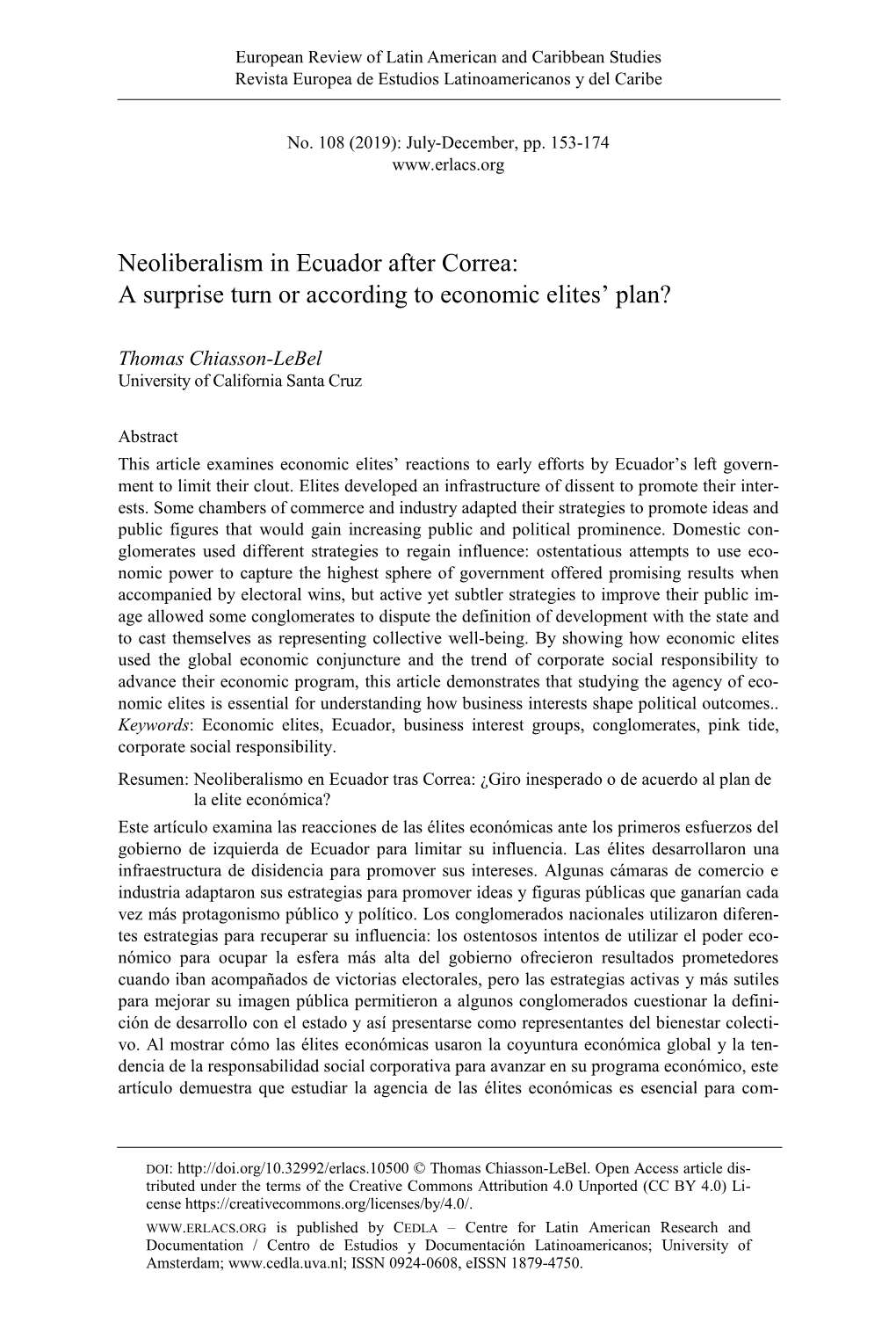 Neoliberalism in Ecuador After Correa: a Surprise Turn Or According to Economic Elites’ Plan?