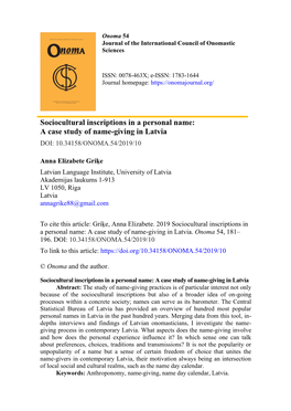 A Case Study of Name-Giving in Latvia DOI: 10.34158/ONOMA.54/2019/10