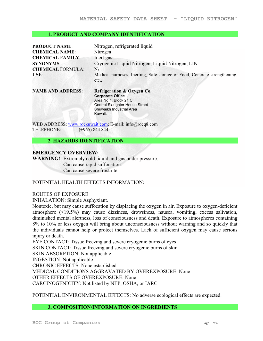 Material Safety Data Sheet - “Liquid Nitrogen”