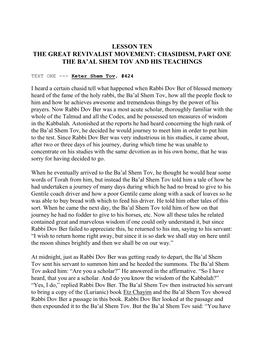 Chasidism, Part One the Ba'al Shem Tov and His Teachings