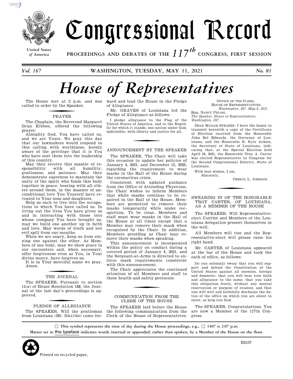 Congressional Record United States Th of America PROCEEDINGS and DEBATES of the 117 CONGRESS, FIRST SESSION