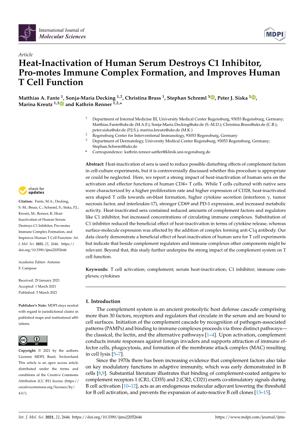 Heat-Inactivation of Human Serum Destroys C1 Inhibitor, Pro-Motes Immune Complex Formation, and Improves Human T Cell Function