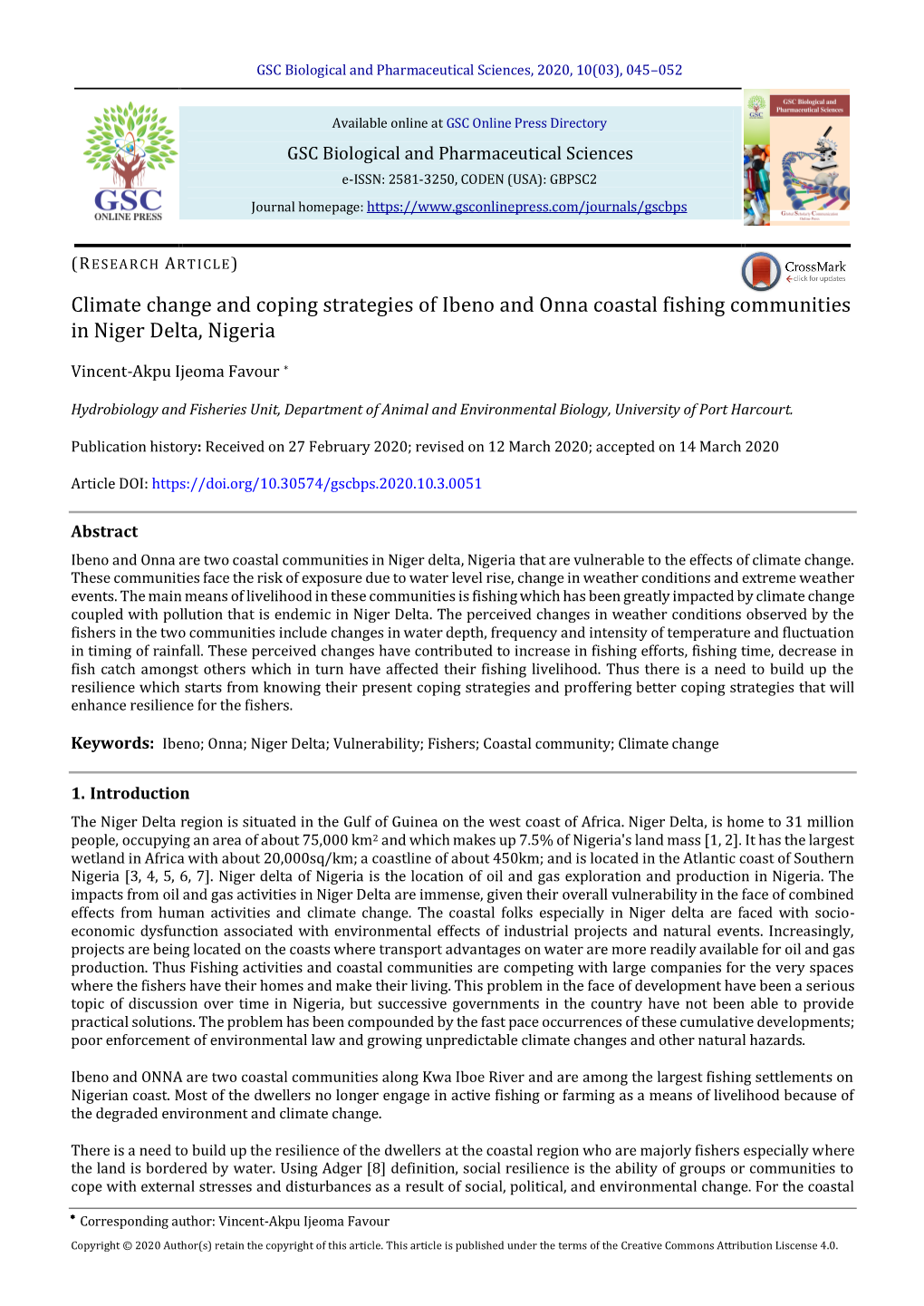 Climate Change and Coping Strategies of Ibeno and Onna Coastal Fishing Communities in Niger Delta, Nigeria