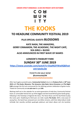 The Kooks to Headline Community Festival 2019 Plus Special Guests