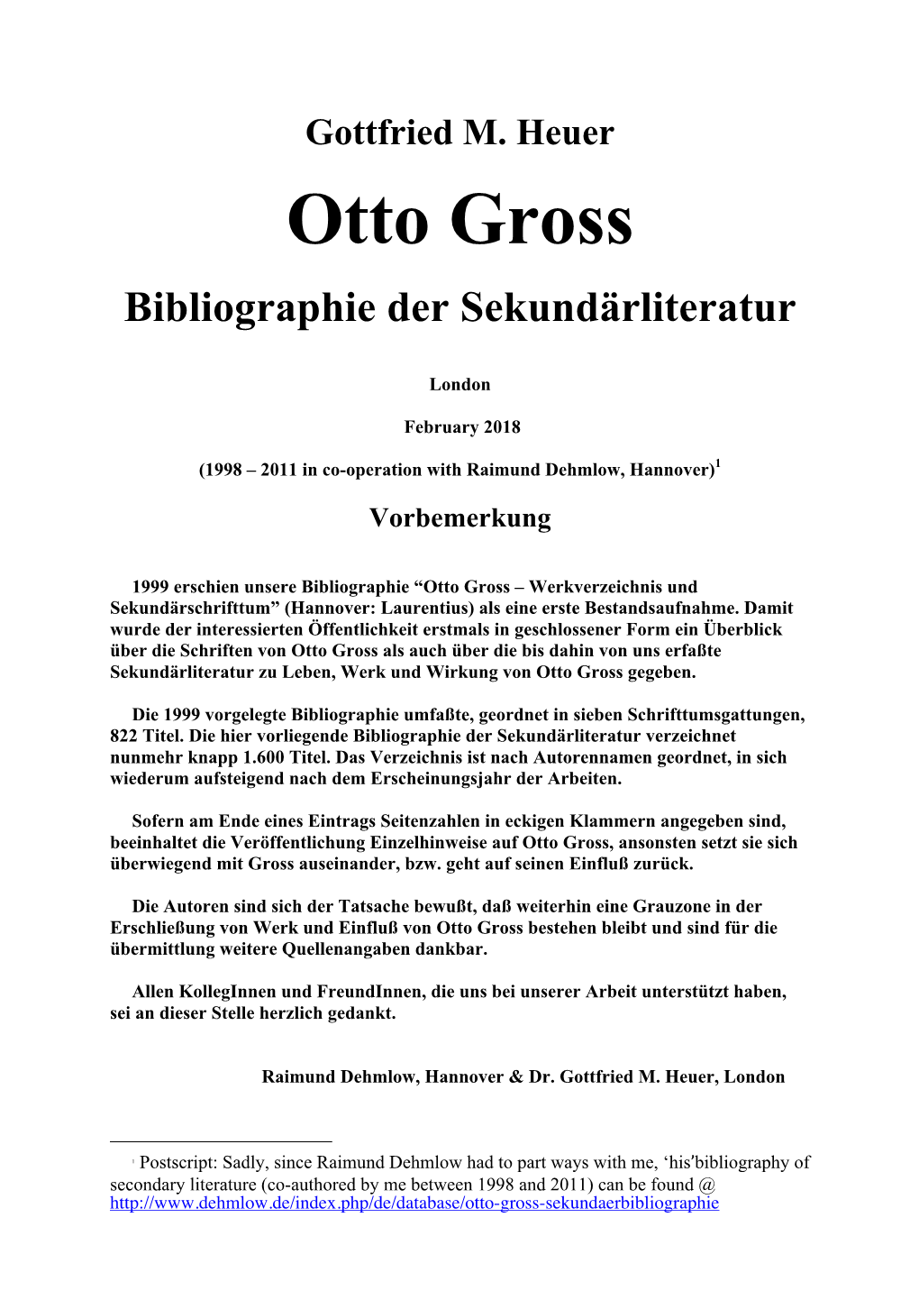 Gottfried M. Heuer Otto Gross Bibliographie Der Sekundärliteratur