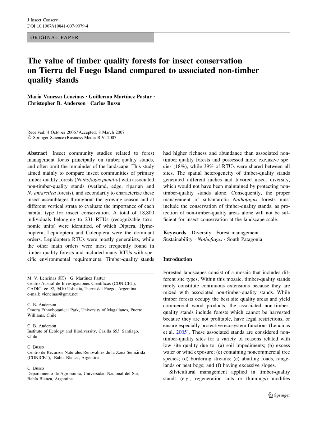 The Value of Timber Quality Forests for Insect Conservation on Tierra Del Fuego Island Compared to Associated Non-Timber Quality Stands