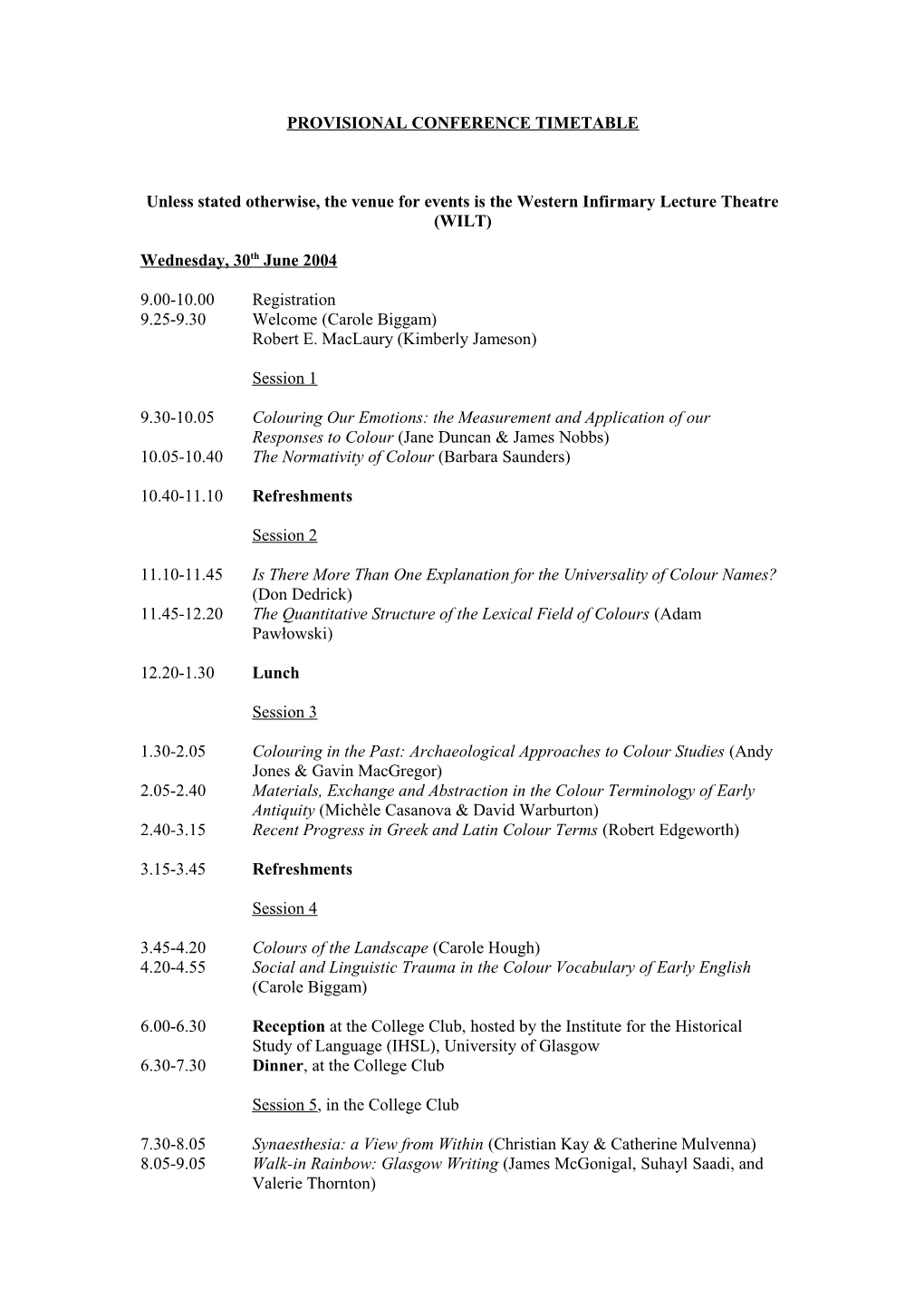 Provisional Conference Timetable