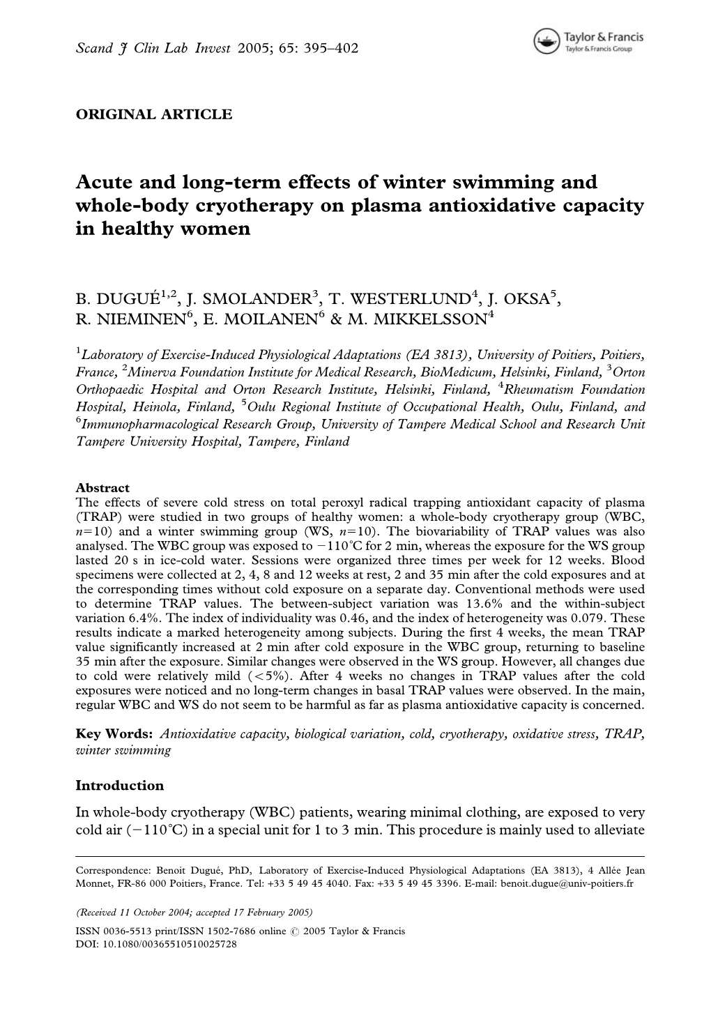 Acute and Long-Term Effects of Winter Swimming and Whole-Body Cryotherapy on Plasma Antioxidative Capacity in Healthy Women