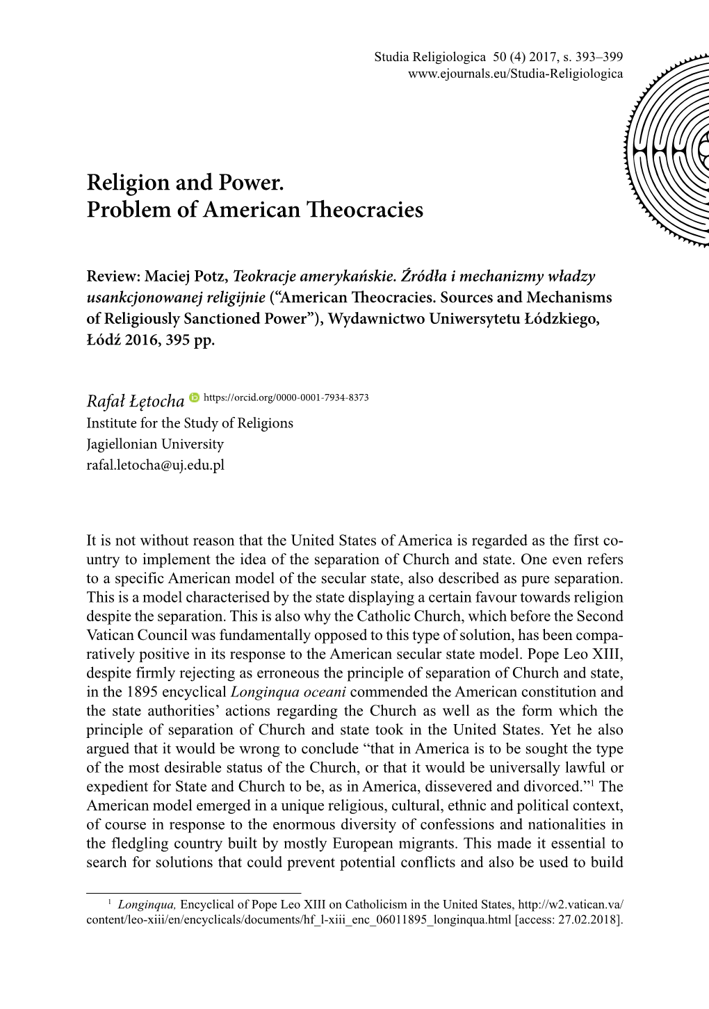 Religion and Power. Problem of American Theocracies