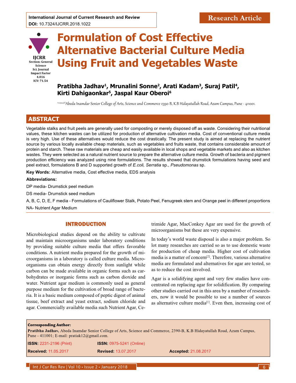 Formulation of Cost Effective Alternative Bacterial Culture Media IJCRR Section: General Science Using Fruit and Vegetables Waste Sci