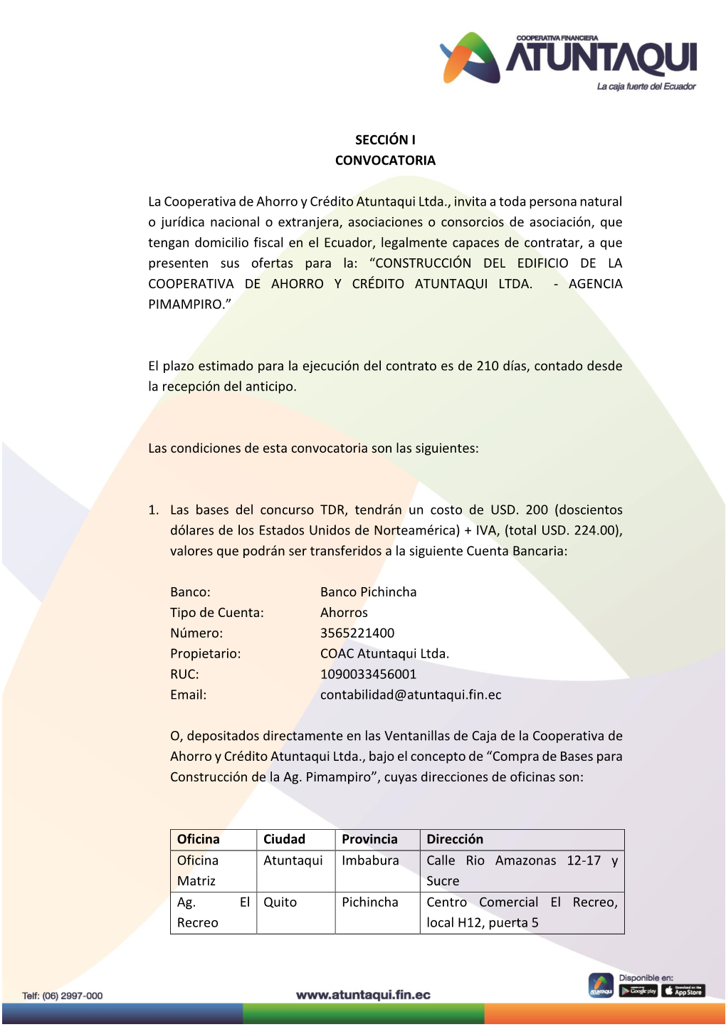 SECCIÓN I CONVOCATORIA La Cooperativa De Ahorro Y Crédito