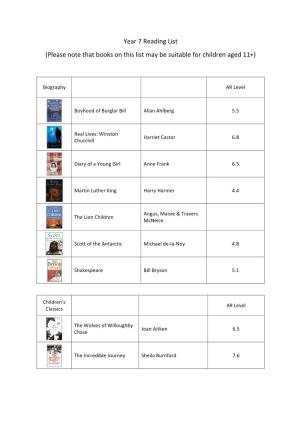 Year 7 Reading List (Please Note That Books on This List May Be Suitable for Children Aged 11+)