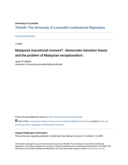 Democratic Transition Theory and the Problem of Malaysian Exceptionalism