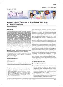 Glass-Ionomer Cements in Restorative Dentistry: a Critical Appraisal Mohammed Almuhaiza