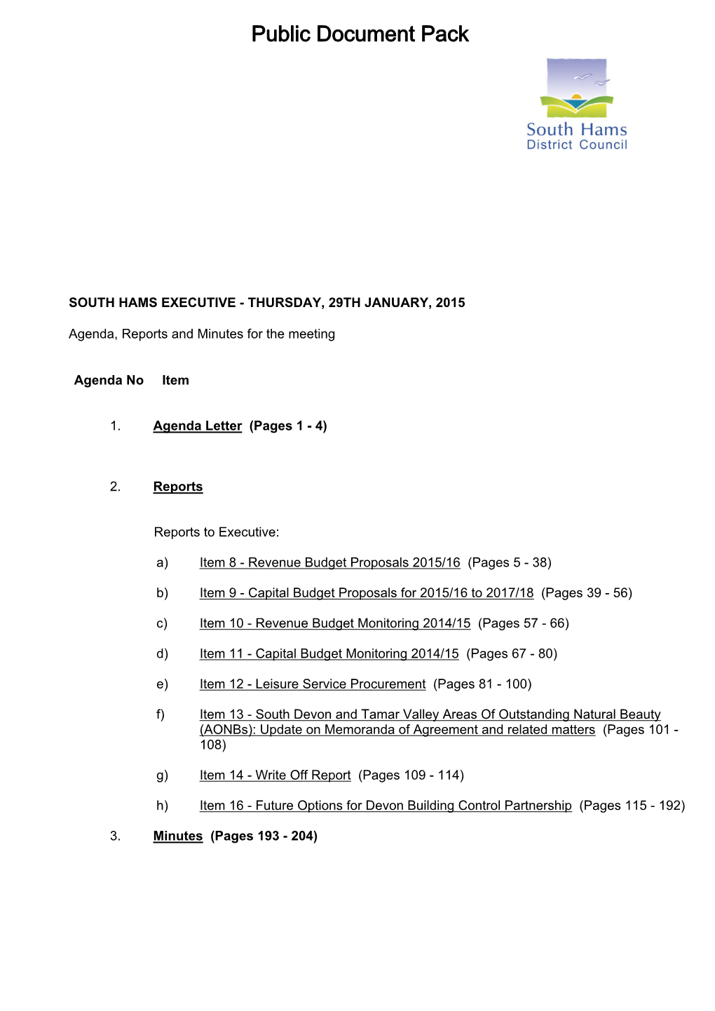 (Public Pack)Agenda Document for South Hams Executive, 29/01/2015