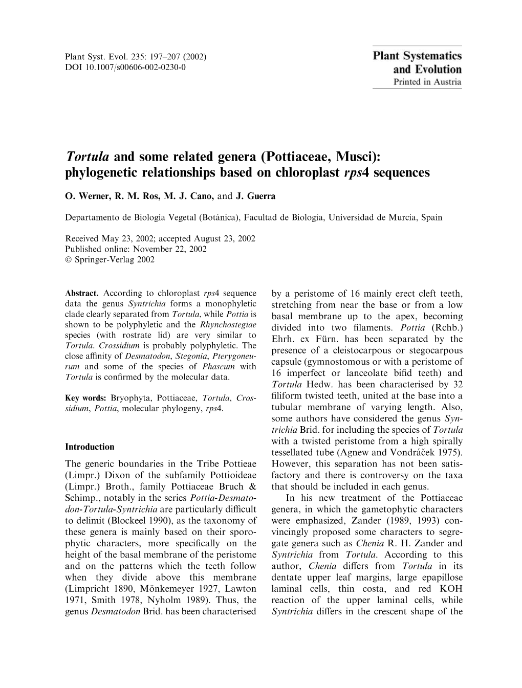 Tortula and Some Related Genera (Pottiaceae, Musci): Phylogenetic Relationships Based on Chloroplast Rps4 Sequences