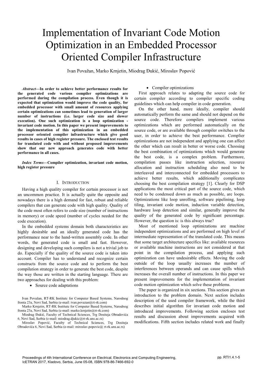Implementation of Invariant Code Motion Optimization in an Embedded Processor Oriented Compiler Infrastructure