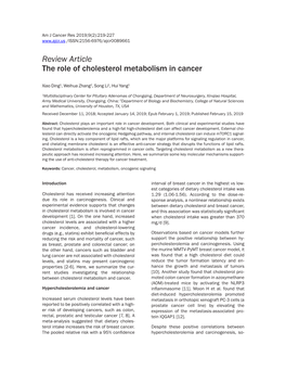 Review Article the Role of Cholesterol Metabolism in Cancer