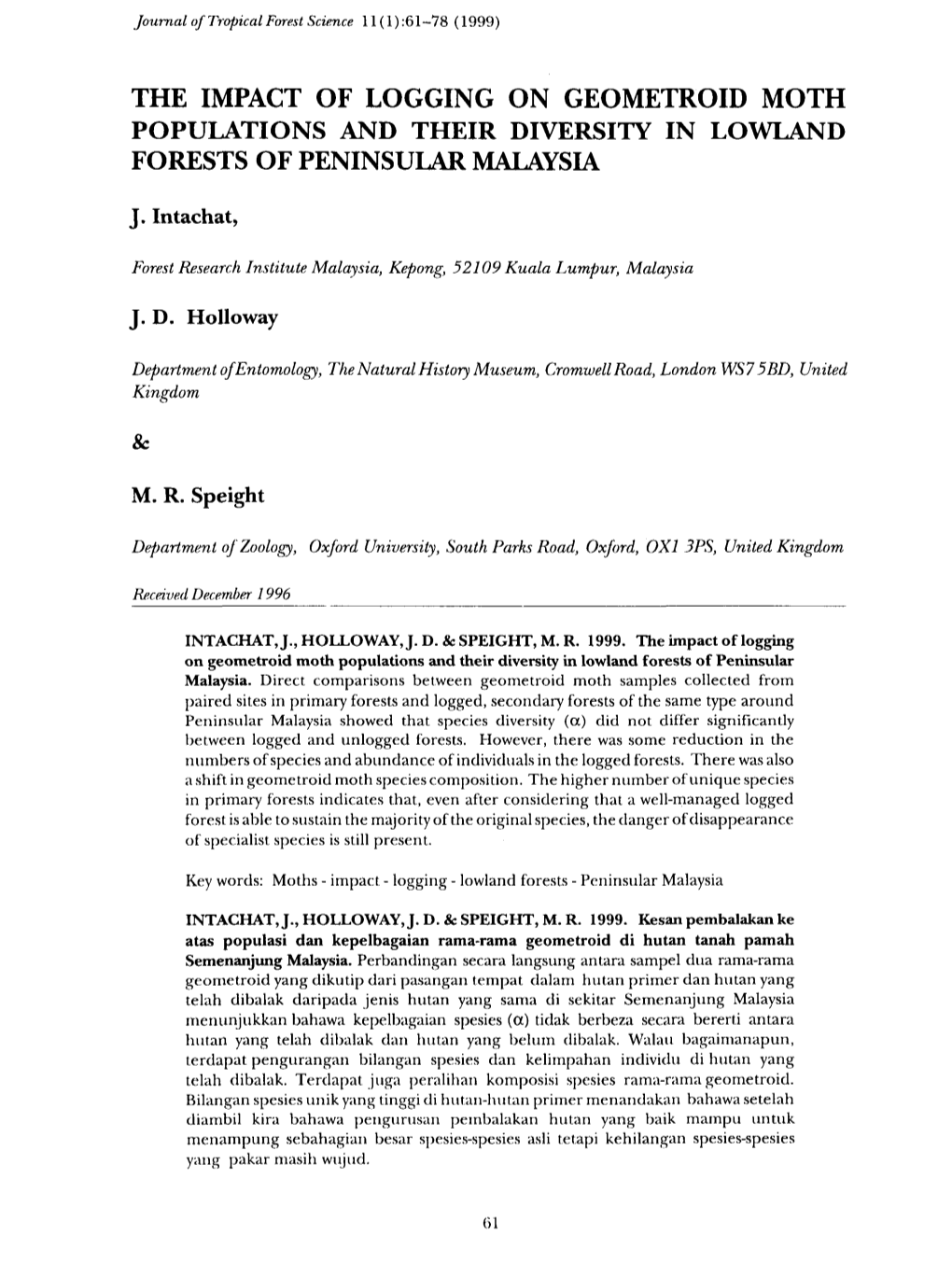 The Impact of Logging on Geometroid Moth Populations and Their Diversity in Lowland Forests of Peninsular Malaysia