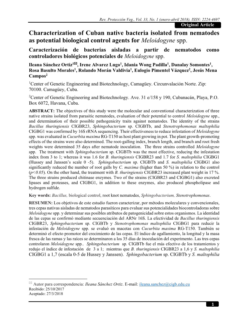 Characterization of Cuban Native Bacteria Isolated from Nematodes As Potential Biological Control Agents for Meloidogyne Spp