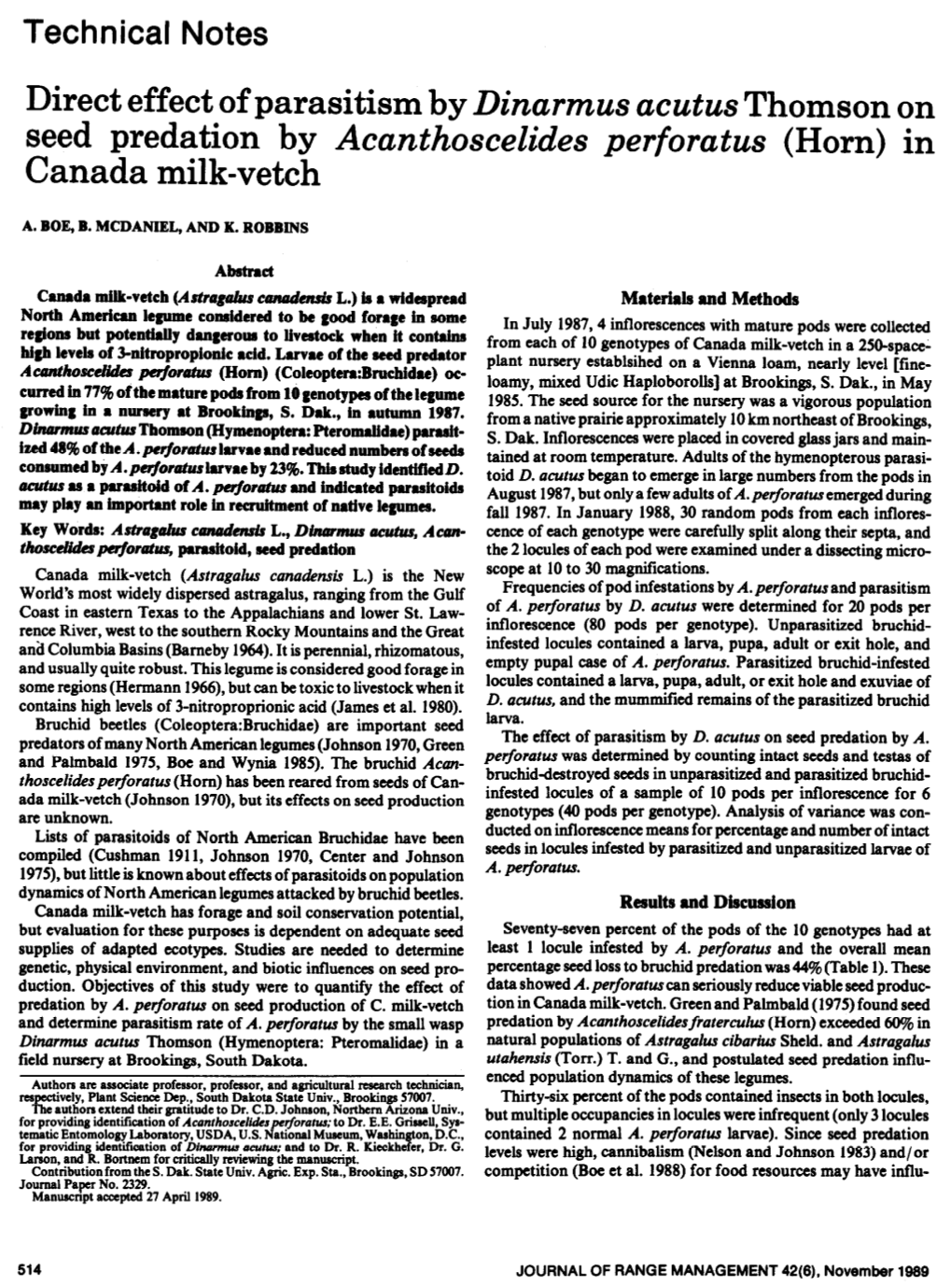 Direct Effect of Parasitism by Dinarmus Acutus Thomson on Seed Predation by Acanthoscelides Perforatus (Horn) in Canada Milk-Vetch