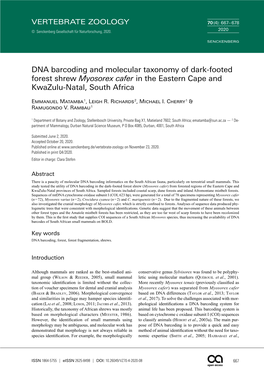 DNA Barcoding and Molecular Taxonomy of Dark-Footed Forest Shrew Myosorex Cafer in the Eastern Cape and Kwazulu-Natal, South Africa