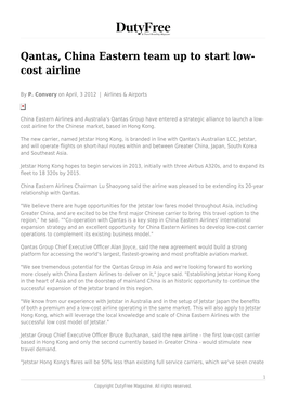 Qantas, China Eastern Team up to Start Low-Cost Airline