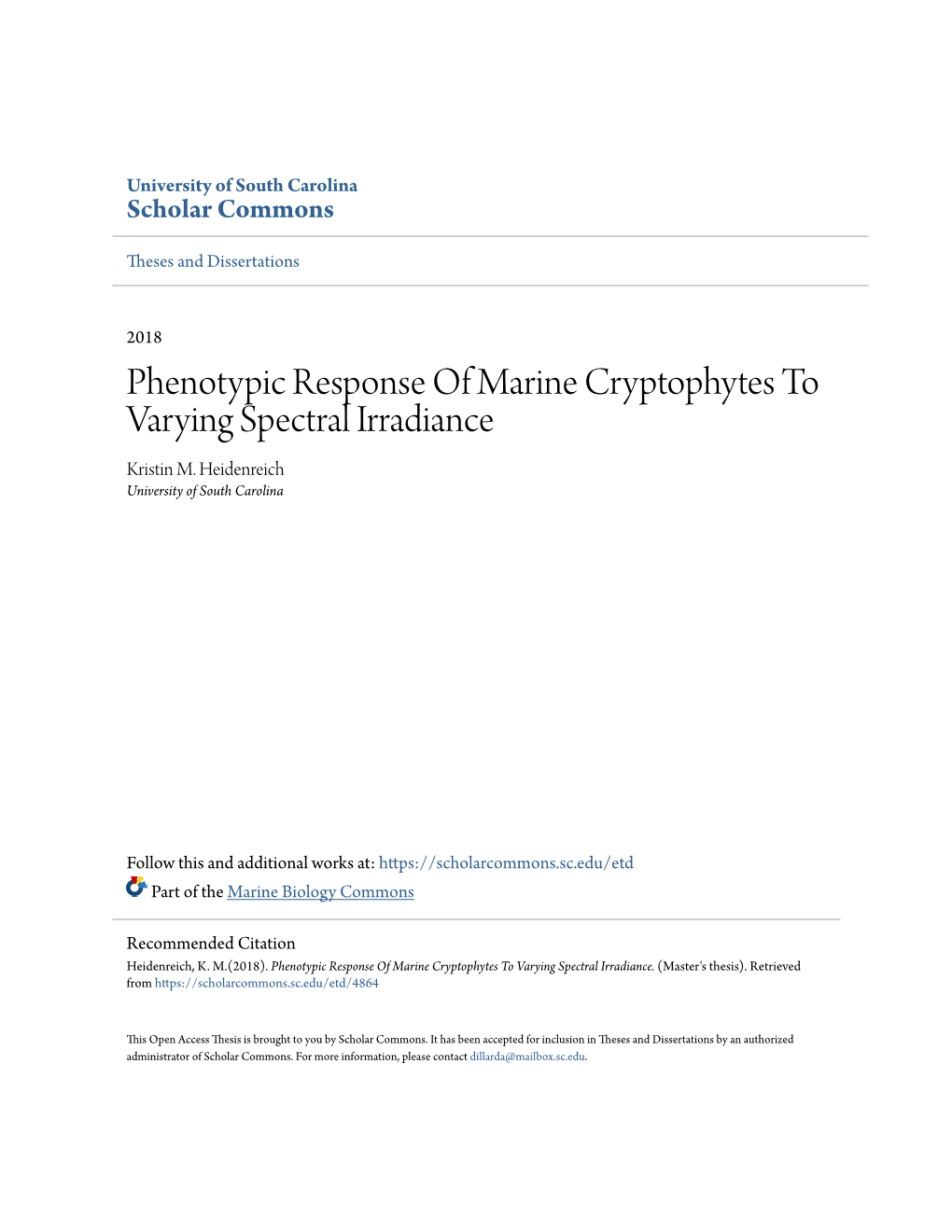 Phenotypic Response of Marine Cryptophytes to Varying Spectral Irradiance Kristin M