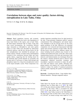 Correlations Between Algae and Water Quality: Factors Driving Eutrophication in Lake Taihu, China