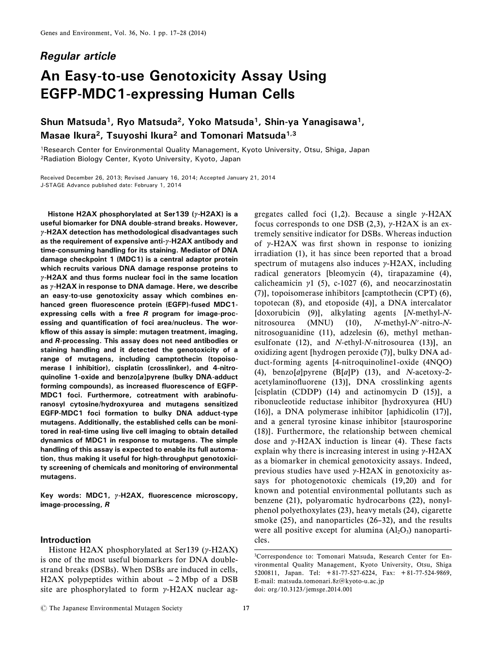 An Easy-To-Use Genotoxicity Assay Using EGFP-MDC1-Expressing Human Cells