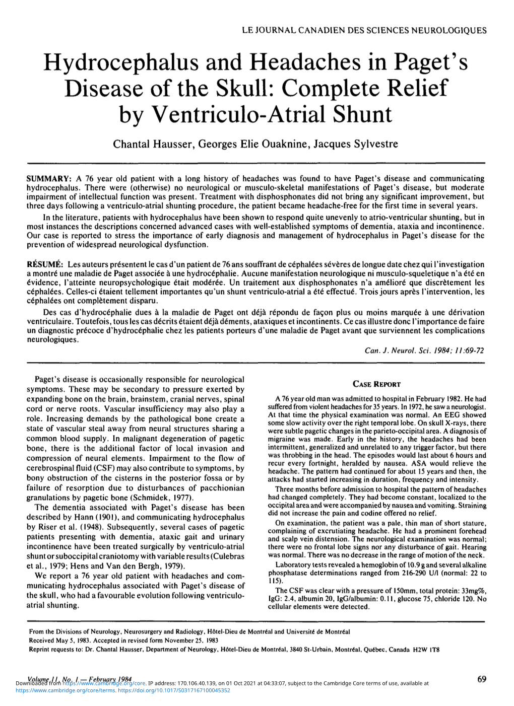 Hydrocephalus and Headaches in Paget's Disease of the Skull: Complete Relief by Ventriculo-Atrial Shunt Chantal Hausser, Georges Elie Ouaknine, Jacques Sylvestre