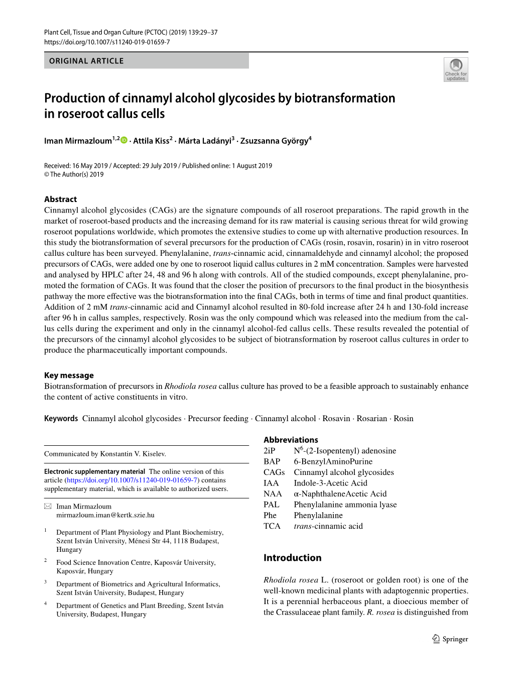 Production of Cinnamyl Alcohol Glycosides by Biotransformation in Roseroot Callus Cells