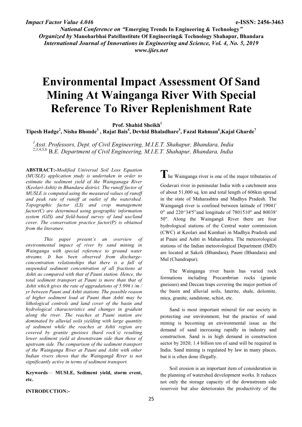 Environmental Impact Assessment of Sand Mining at Wainganga River with Special Reference to River Replenishment Rate
